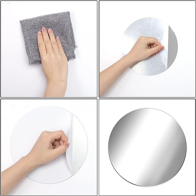 10 Inches 6 Pack Acrylic Round Mirrors Non Glass Round Mirror Plate Self Adhesive (Silver)