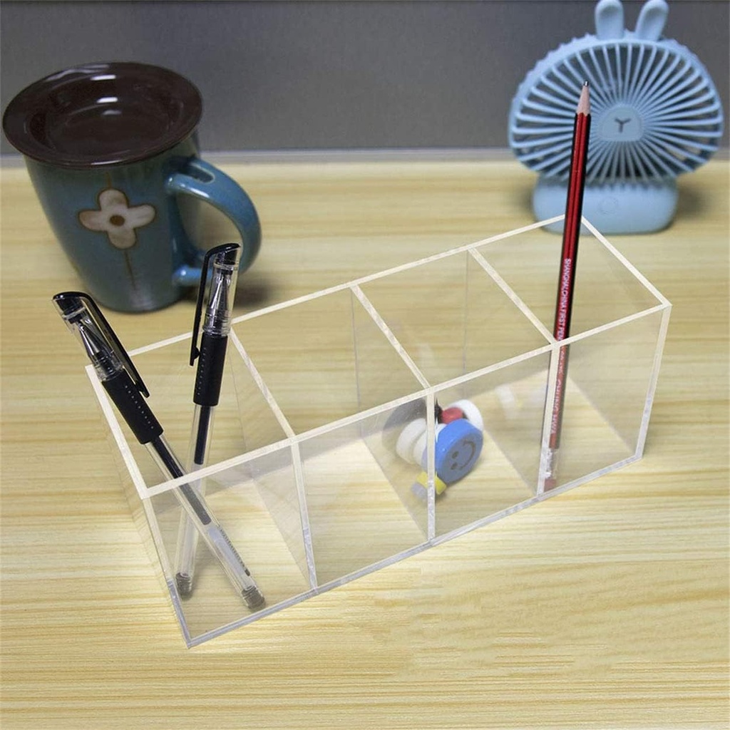 Acrylic Pen Holder 4 Compartments,Clear Pen Holder Organizer Makeup Brush Holder for Office Desk Accessories,Cosmetic Brush Storage Box,Dorm,Bathroom,Kitchen (Clear)