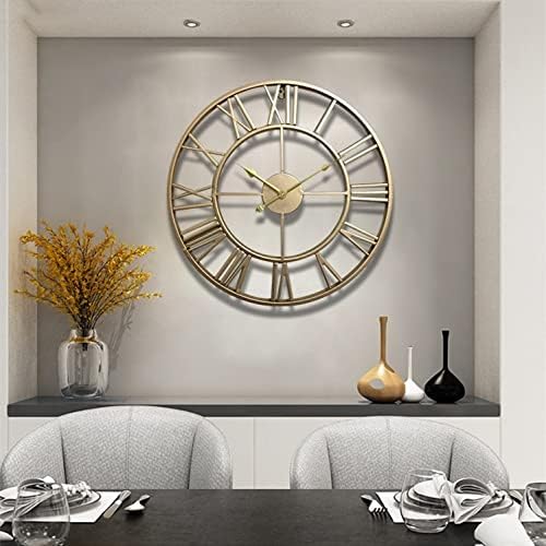 Home Decor Wall Clock for Living Room Non Ticking Iron Art Clocks Roman Numeral,Retro Distressed Metal,Oversized (50cm, Gold)