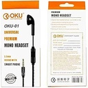 Oku Universal Premium Mono Headset with Jack- Black- 3.5mm